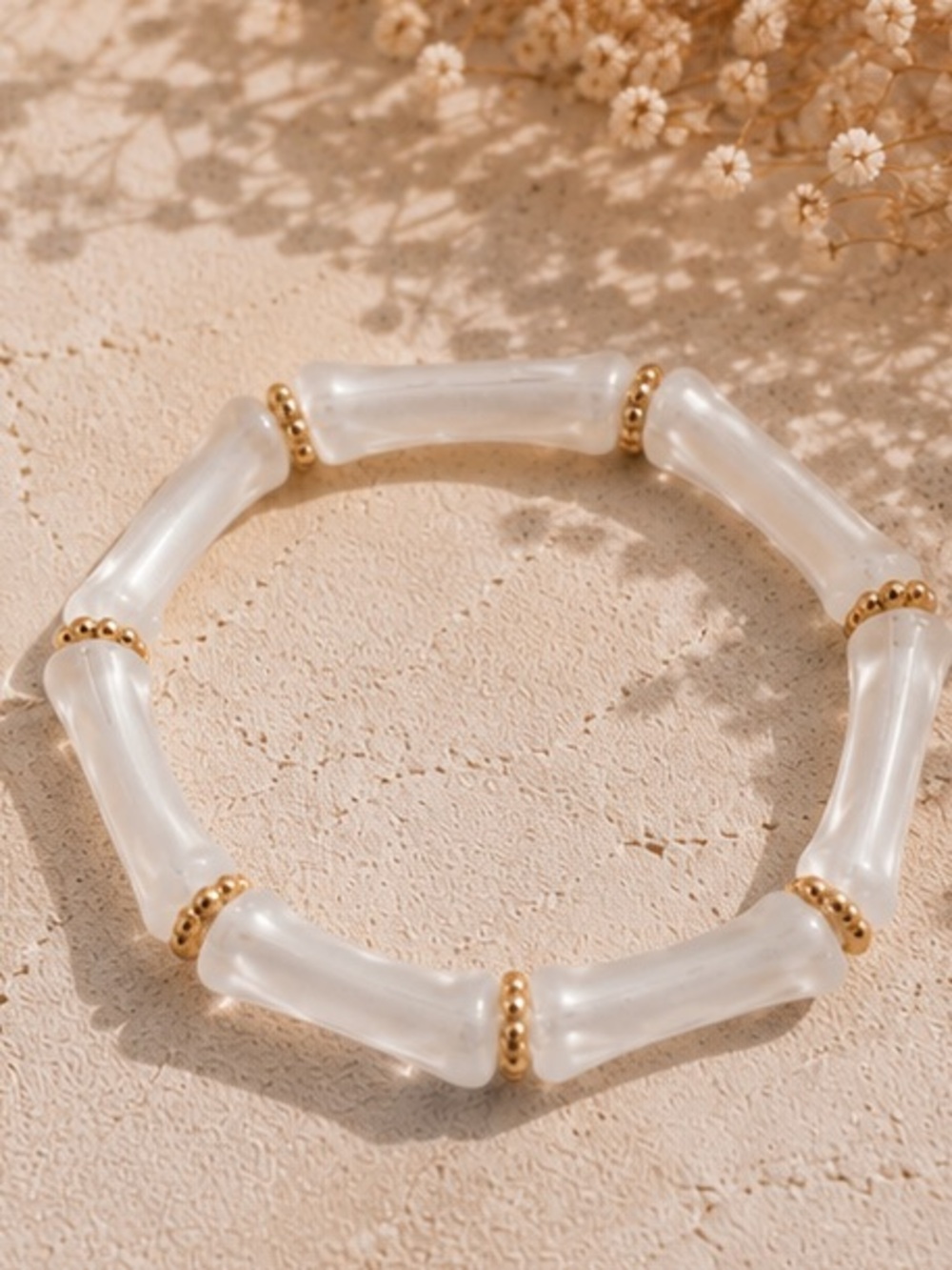 🤍 Pearl Mist Bamboo Tube Stretch Bracelet Gold Accent Boho Coastal Chic